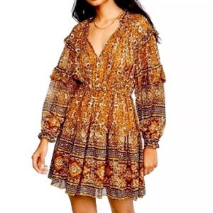 Boho Tiered V-Neck Floral Mini Dress in Mustard